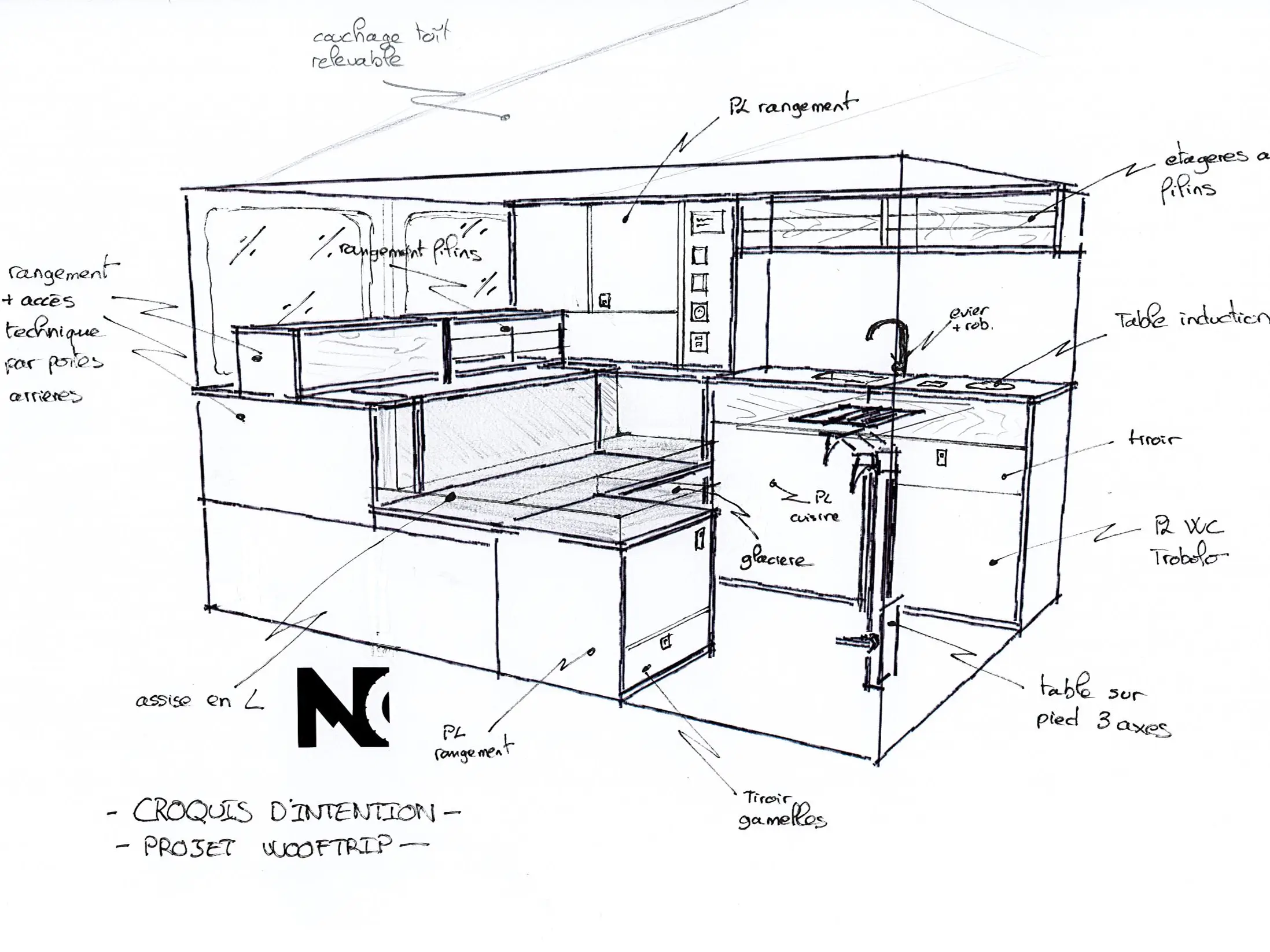 Croquis intérieur du van WoofTrip